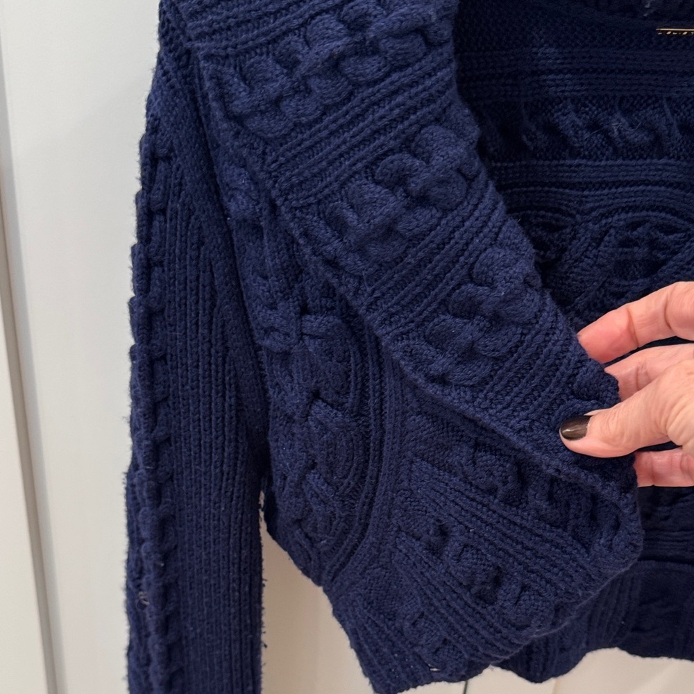 Elie Tahari Bolero Gorgeous Cable Knit Cardigan Navy Blue Cropped Sweater